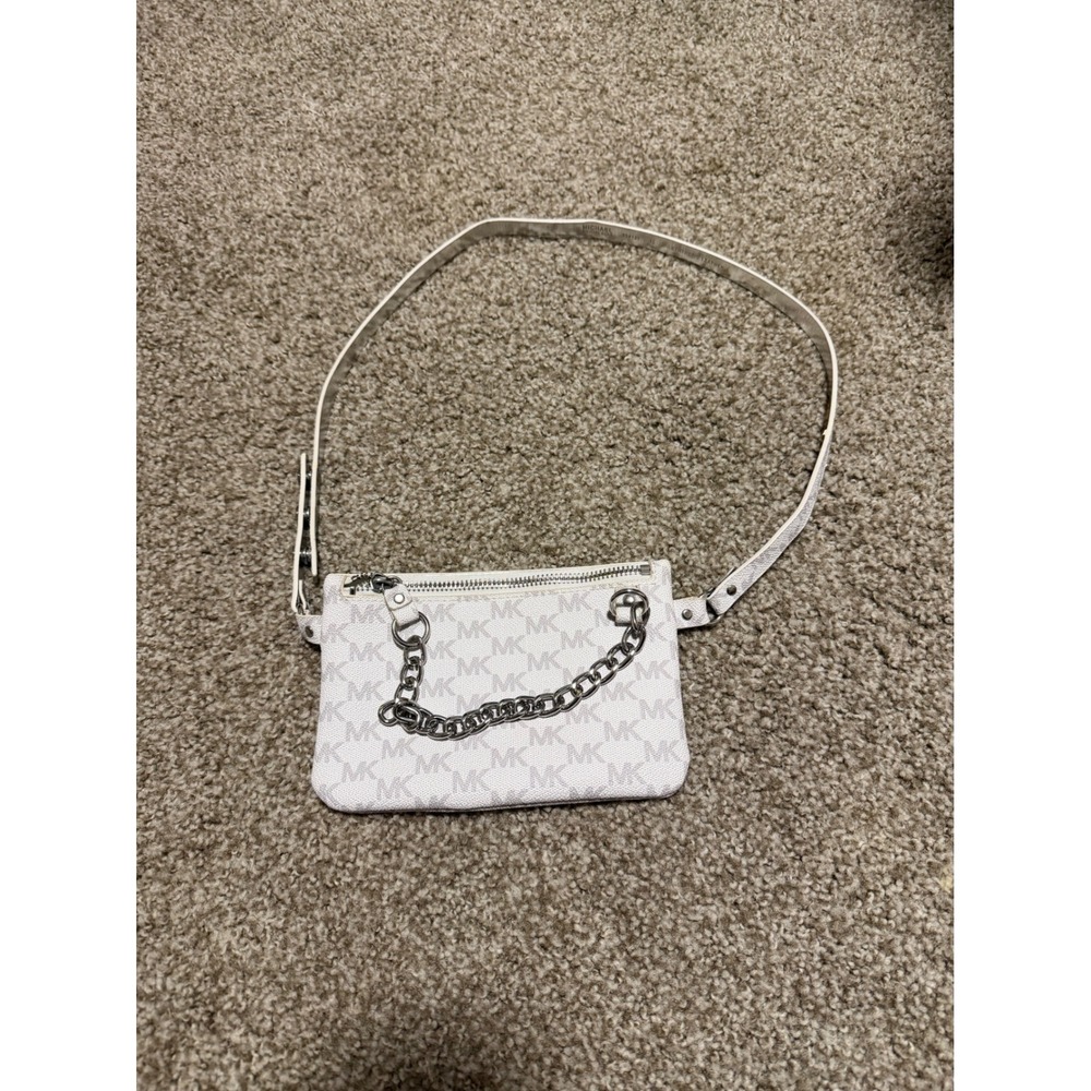 Michael Kors White Signature Logo Belt Bag Fanny Pack Silver